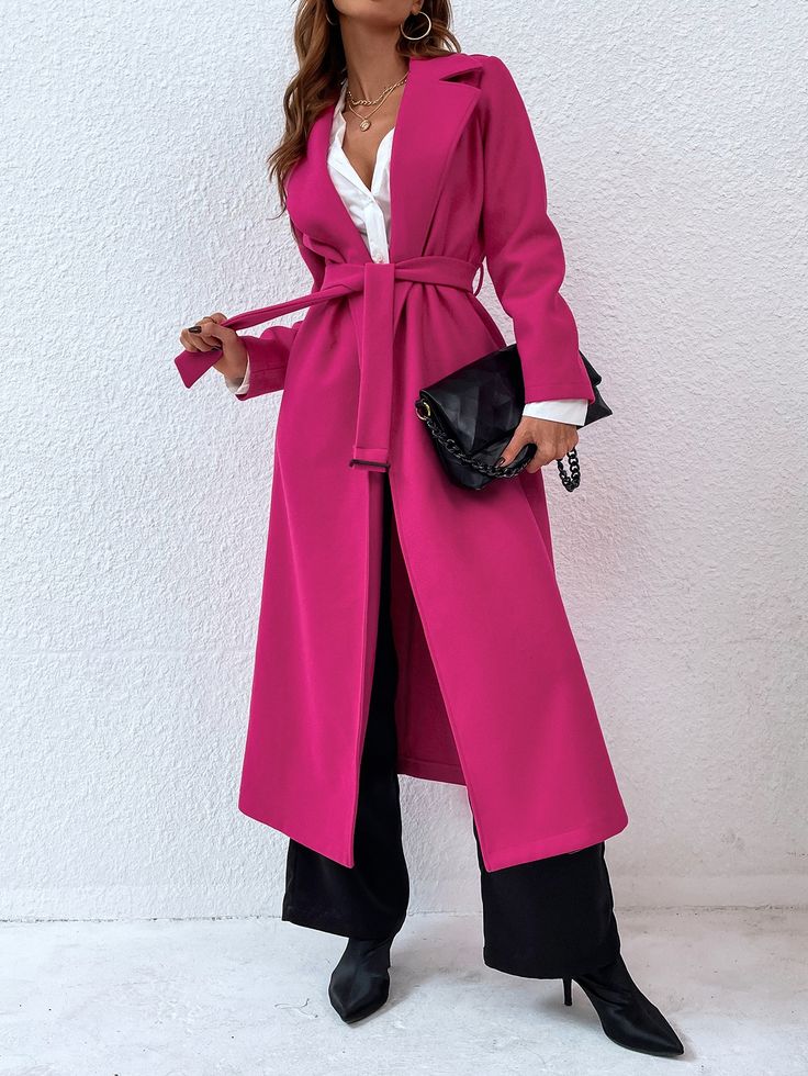 Hot Pink Casual Collar Long Sleeve Fabric Plain Regular Embellished Slight Stretch  Women Outerwear Vintage Leather Motorcycle Jacket, Pink Trench Coat, Trench Coat Outfit, Coran Islam, Olive Green Jacket, Hot Pink Color, Women Outerwear, Pink One Piece, Women Overcoat