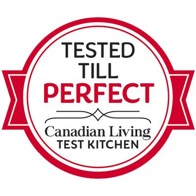 the canadian living test kitchen logo is red, white and black with text that reads tested till perfect