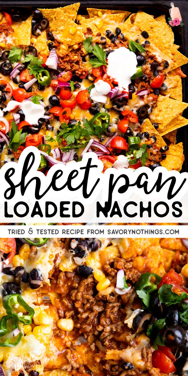 sheet pan loaded nachos with text overlay