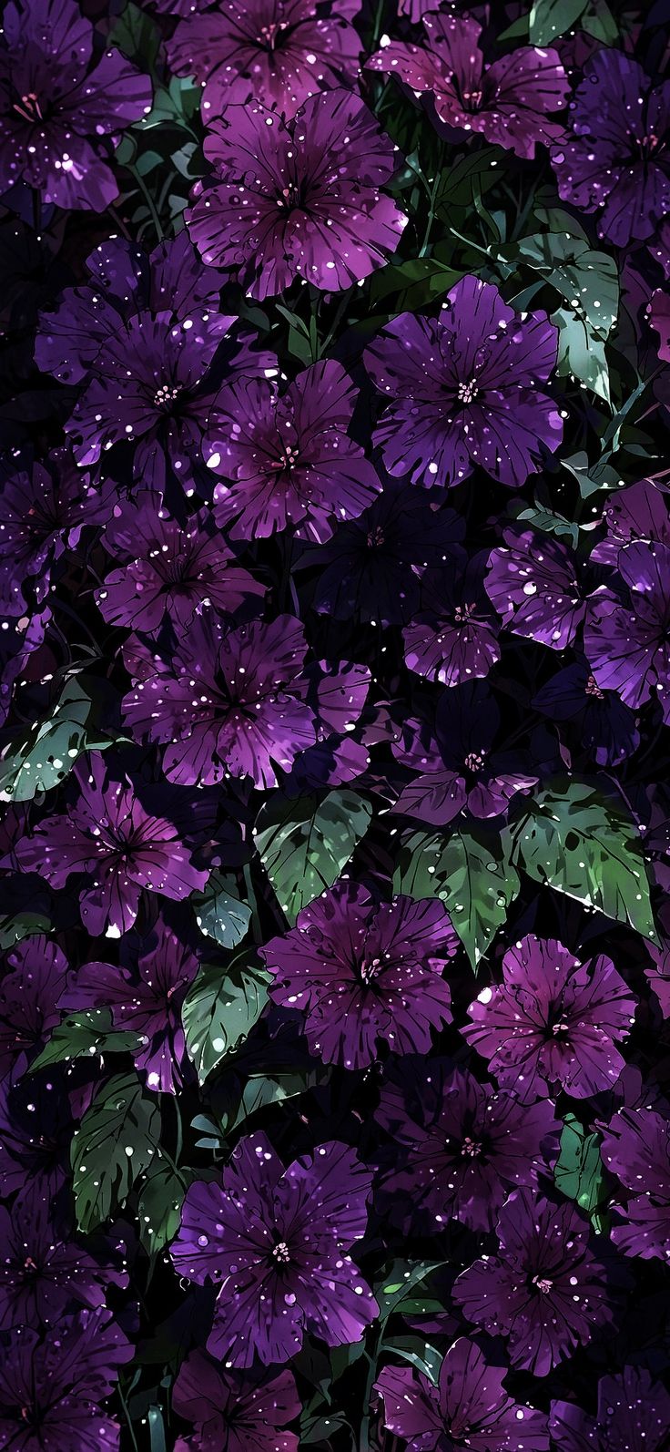 purple flowers with green leaves and drops of water on them in the dark night sky