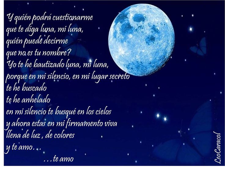 a full moon and some butterflies in the night sky with spanish words written below it