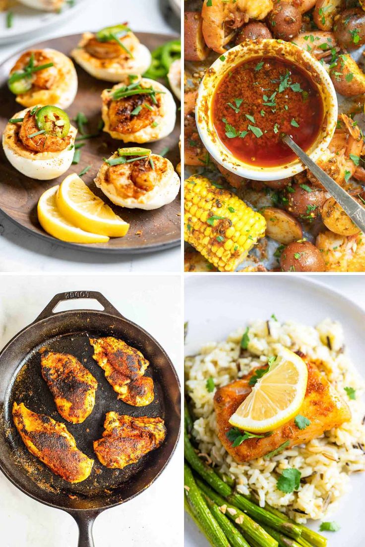 four different pictures with various foods in them and one has lemons on the side