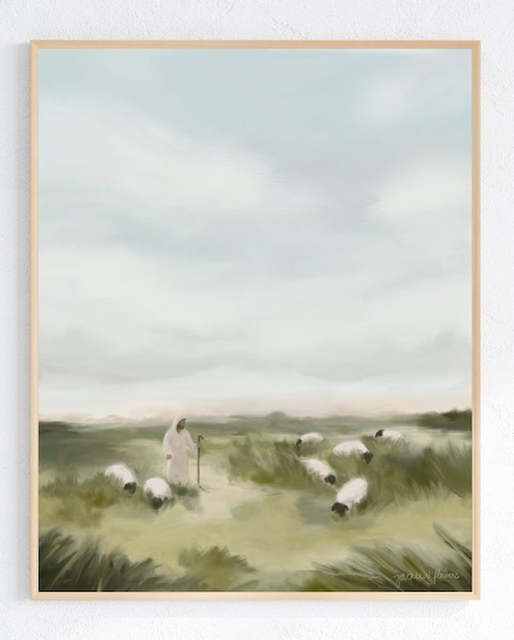 a painting of sheep grazing in a field with a man standing on the other side