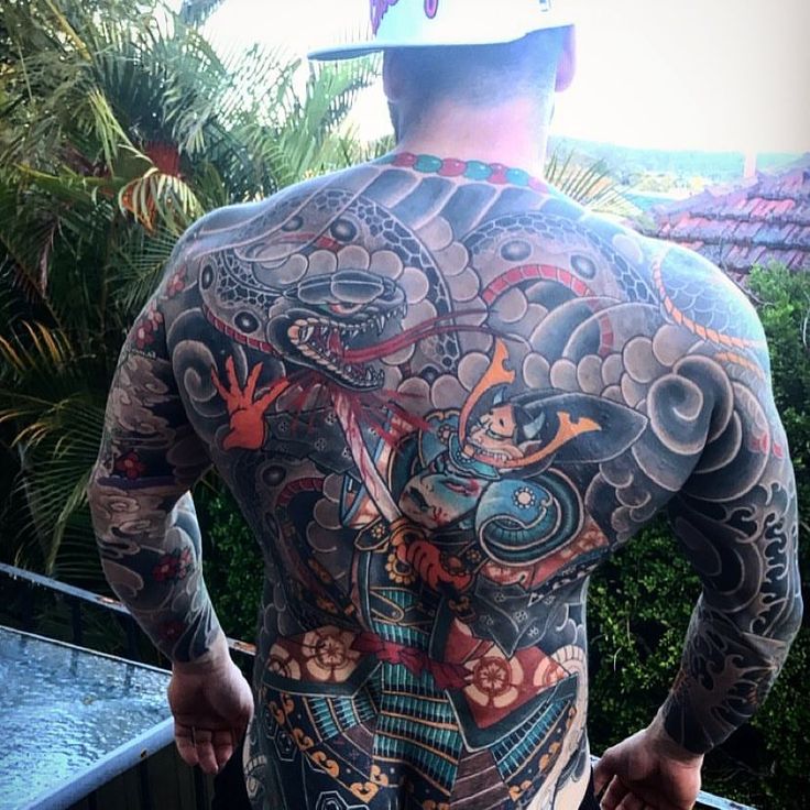 a man with tattoos on his back standing next to a pool