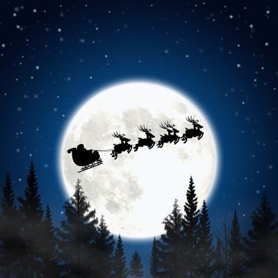 santa's sleigh flying in the night sky with full moon and pine trees