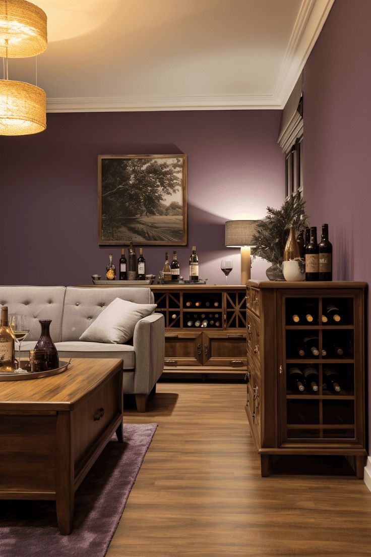 Colors that Go with Plum Walls: Realistic Living Area with Quality Brown Furniture Living Room Purple Decor, Aubergine Accent Wall, Living Room Color Paint Ideas, Paint Color Room Ideas, Wall Colors For Living Room With Brown Furniture, Plum Color Walls, Deep Purple Dining Room, Wine Bedroom Color, House Room Colors Ideas