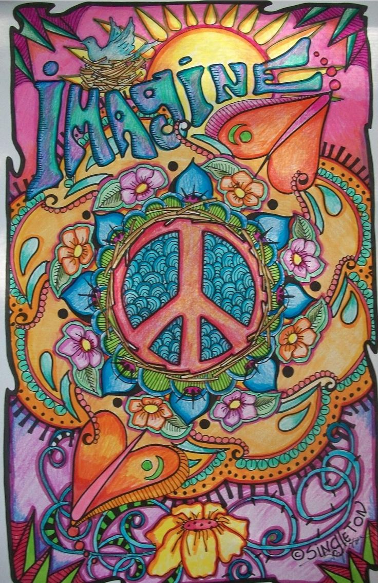 a peace sign with flowers and birds on it's side, in front of the word imagine