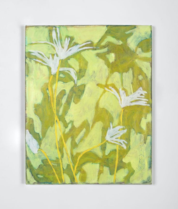 a painting with white flowers on a green background