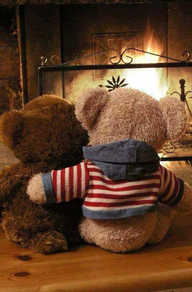 two teddy bears sitting next to each other in front of a fireplace