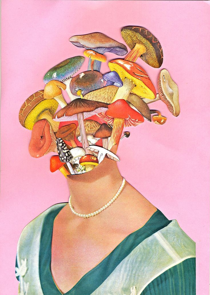 a painting of a woman with mushrooms on her head