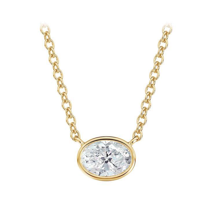 a yellow gold necklace with a white diamond in the center and a chain around it