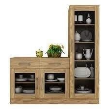 a wooden cabinet filled with lots of dishes and vases next to a plant on top of it