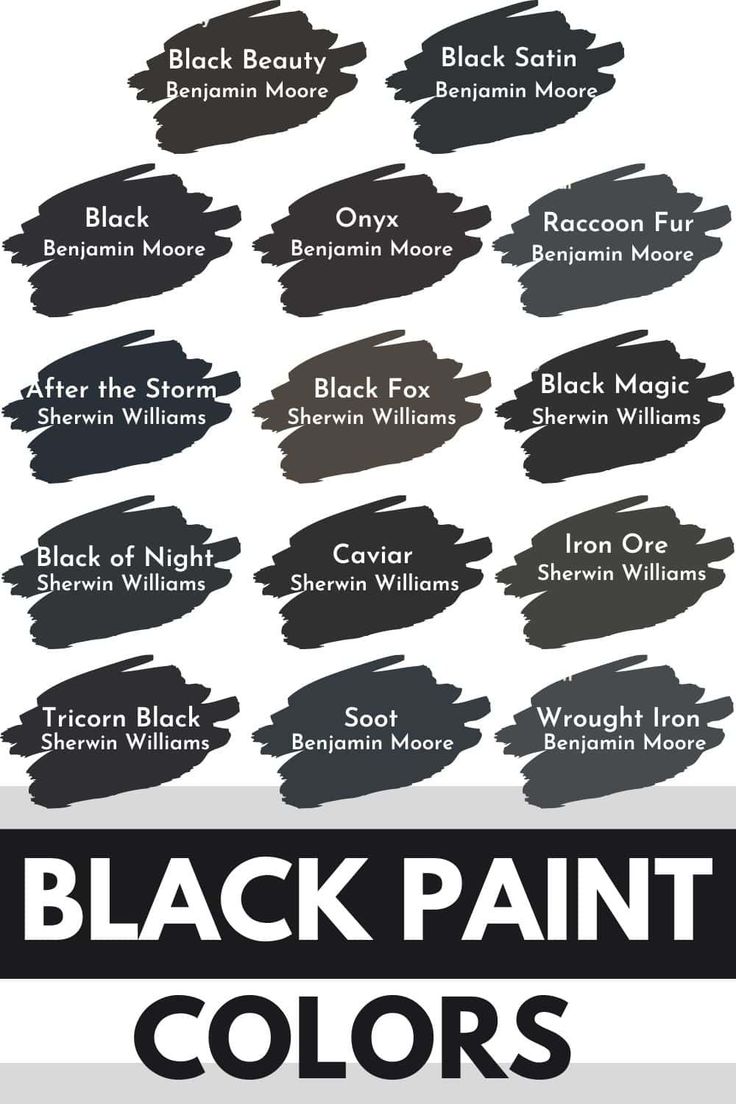 black paint colors that are all different in sizes and shapes, with the names below them