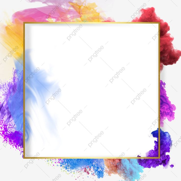 colorful paint splattered with a gold frame in the center on a white background