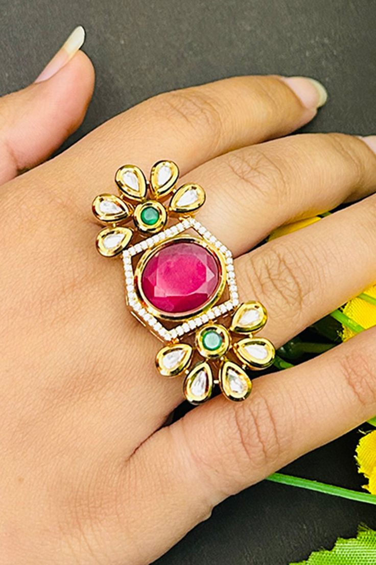 About: Classy and detailed designer gold plated kundan beaded ring. This is stylish and adjustable. This ring will work well with traditional, formal, and western formals. Details: Eye-catching and unique jewelry that will set you apart. Gift this piece to a loved one, and see their face light up with joy. Best for gifting or for personal use, wear it to any occasion and become the spotlight. Kundan Rings Royals, Ring Designs Unique, Kundan Rings, Western Formals, Kundan Ring, Kids Handicraft, Kundan Work, Saree Jewellery, Silver Pooja Items