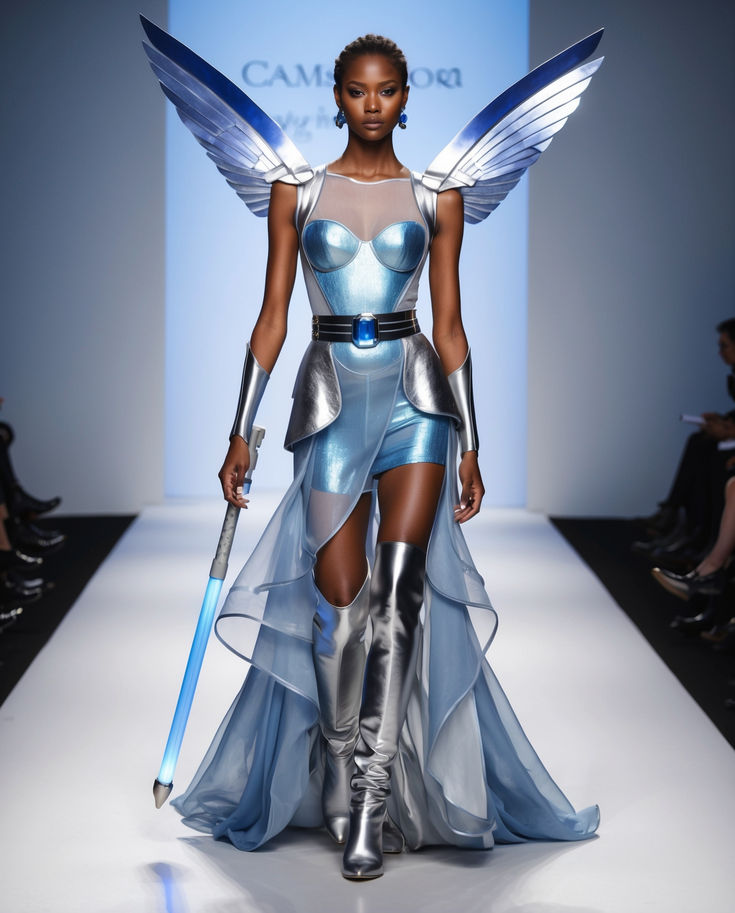 a model walks down the runway in a futuristic outfit