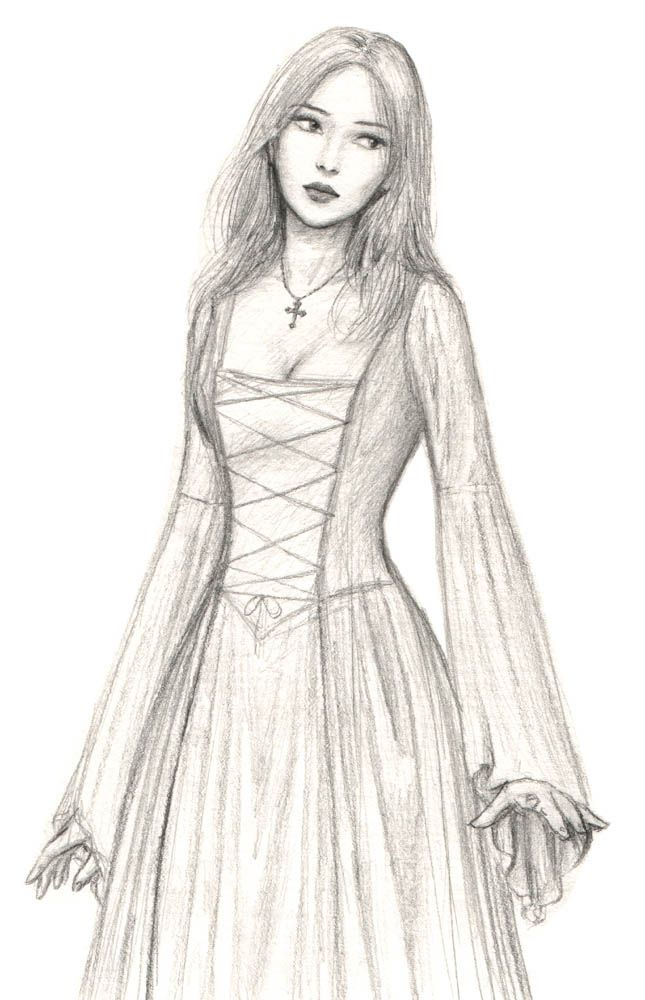 a drawing of a woman wearing a dress and holding her hands out to the side