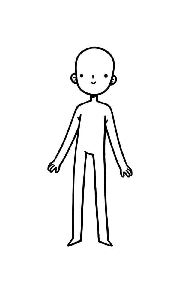 a black and white drawing of a man with his hands out to the side on a white background