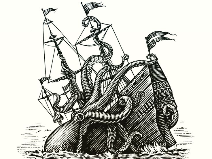 an octopus attacking a ship in the ocean with two birds on it's back