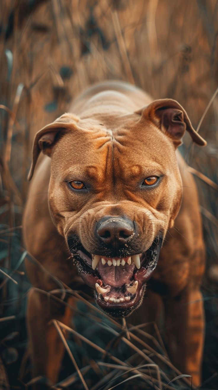 a brown dog with it's mouth open in the grass