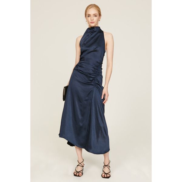 Blue satin (100% Polyester). A-line. Sleeveless. Mock neck. Back zipper closure. 51.5" from shoulder to hemline. Imported. Sleeveless Mock Neck, Fancy Frocks, Runway Details, Emerald City, Rent The Runway, Blue Satin, Long Dresses, Work Outfits, Dress Blue