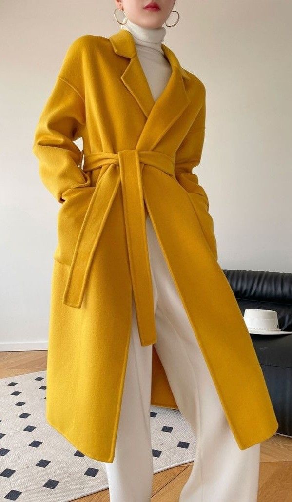 Yellow Winter Coat, Mom Outfits Winter, Mustard Coat, Belted Wool Coat, Oversized Wool Coat, Casual Chic Summer, Yellow Coat, Wool Coat Women, Long Wool Coat