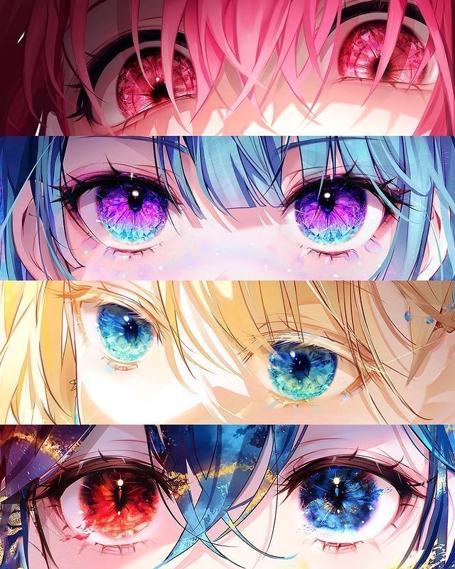 three anime eyes with different colors and hair, one is blue, the other is pink