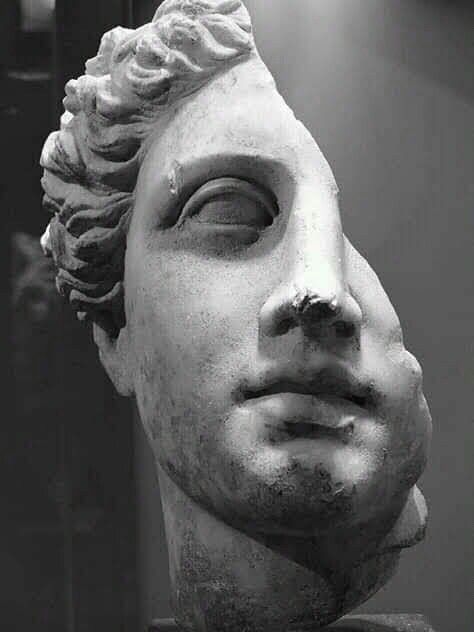 a black and white photo of a bust of a man's head with hair blowing in the wind