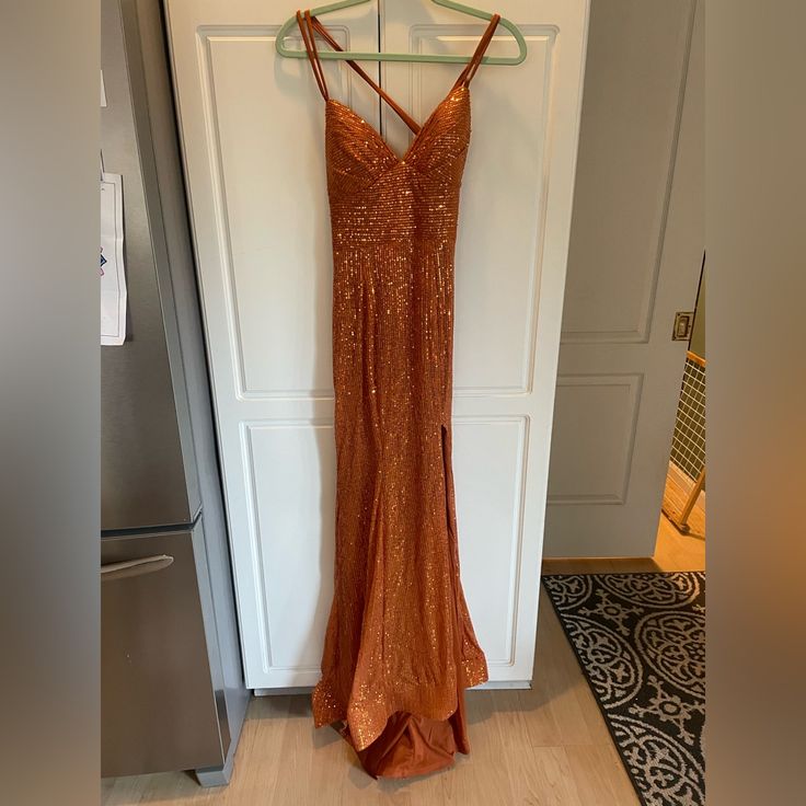 Beautiful Burnt Orange/Rust Sequin Dress. Ordered Custom-Made For My Daughter, It’s Too Big For Her. It Really Is Well-Made. Last Pictures Show What Dress Looks Like When It Fits Properly. Rust Prom Dress Burnt Orange, Fitted Orange Homecoming Dress, Fitted Orange Dress For Homecoming, Burnt Orange Prom Dress, Orange Prom Dress, Fairy Gown, Hot Pink Prom Dress, Halter Party Dress, Orange Prom Dresses