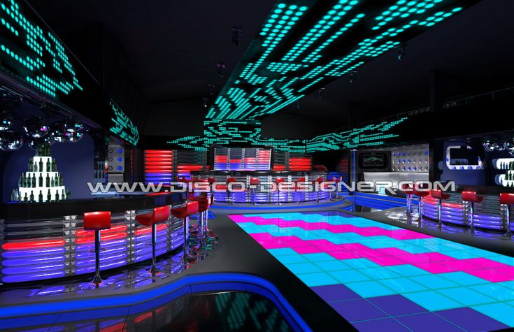 a brightly lit dance floor in a nightclub with neon lights on the ceiling and chairs around it