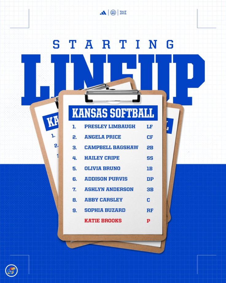 a clipboard with the kansas softball team roster on it, and an official starting line up list