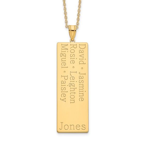 Show your family names in style with this striking family pendant fashioned from yellow gold plated sterling silver. This pendant may be customized with 6 first names and 1 last name (up to 9 characters each) in Batang font. Polished finish for perfect shine this fabulous pendant dangles from 18-inch cable chain with lobster clasp security. Up to 6 first names can be given, to be engraved top to bottom left justified, then top to bottom in second column. Last name given last (in order) and to be Family Pendant, Jared The Galleria Of Jewelry, Family Names, Loose Stones, Precious Jewelry, Gold Plated Sterling Silver, First Names, Cable Chain, How To Take Photos