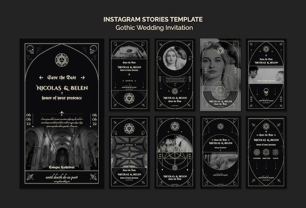 the instagram stories template for gothic wedding invitations is shown in black and white