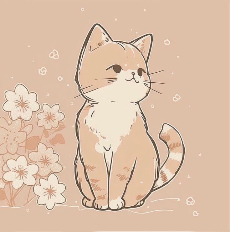 a drawing of a cat sitting in front of flowers