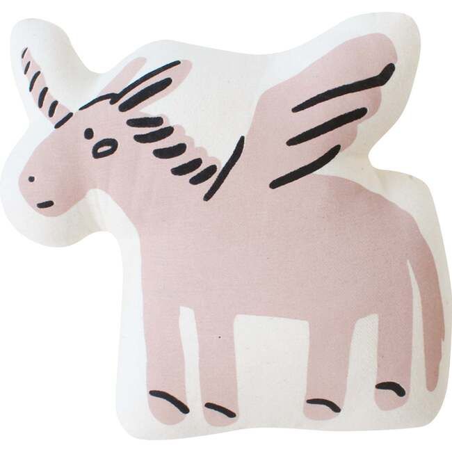 a pink and black pillow with an animal design on it's back side, sitting in front of a white background