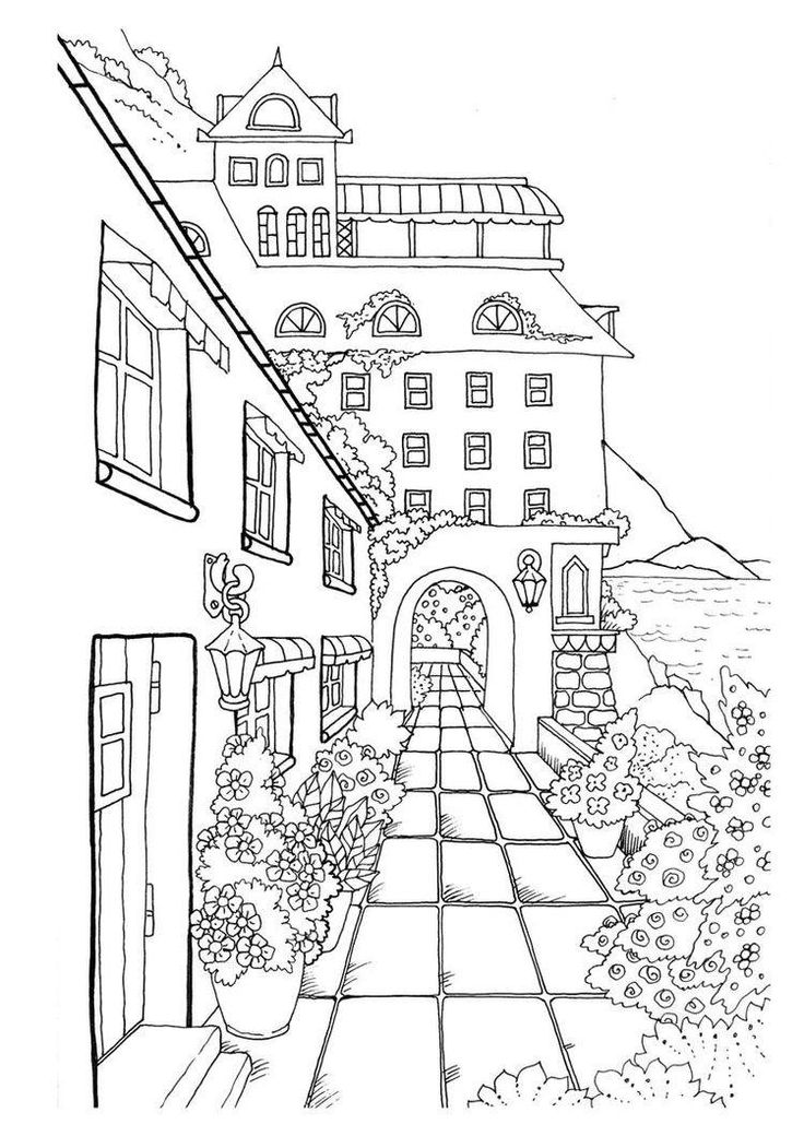 a drawing of an alley leading to a building with flowers on the ground and windows