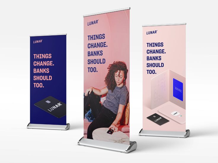 three different types of advertising banners with the same woman on one side and text that reads things change, banks should you?