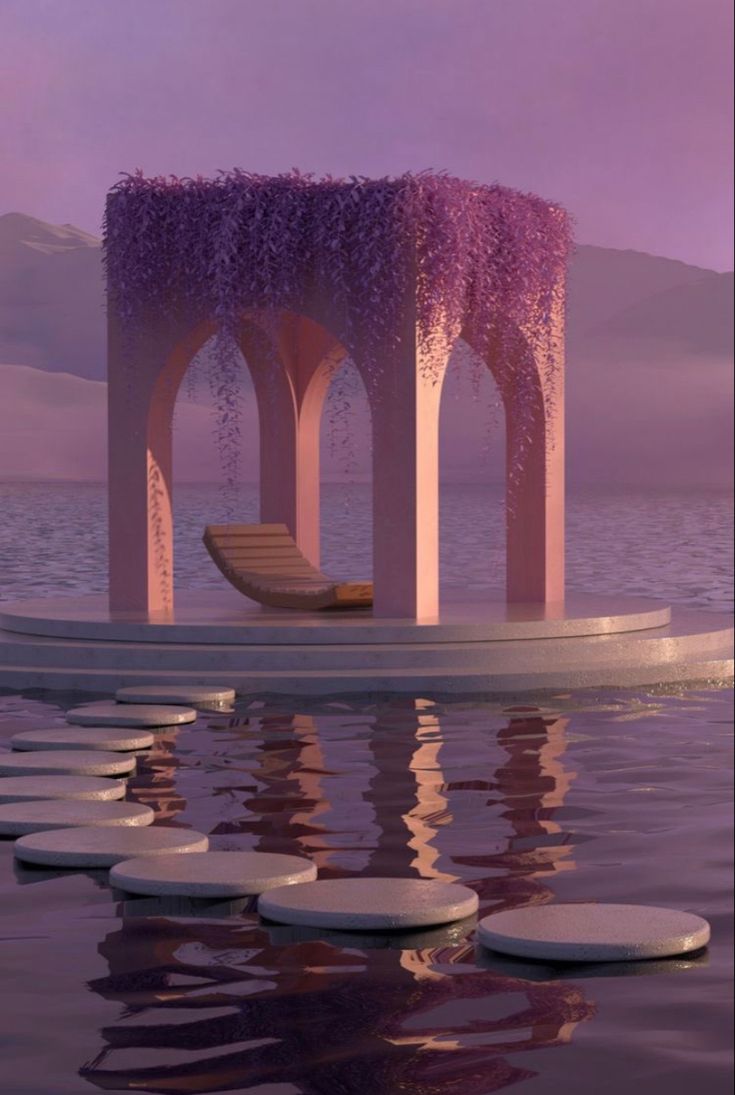 an artistic rendering of a floating pavilion with purple flowers on the roof and water surrounding it