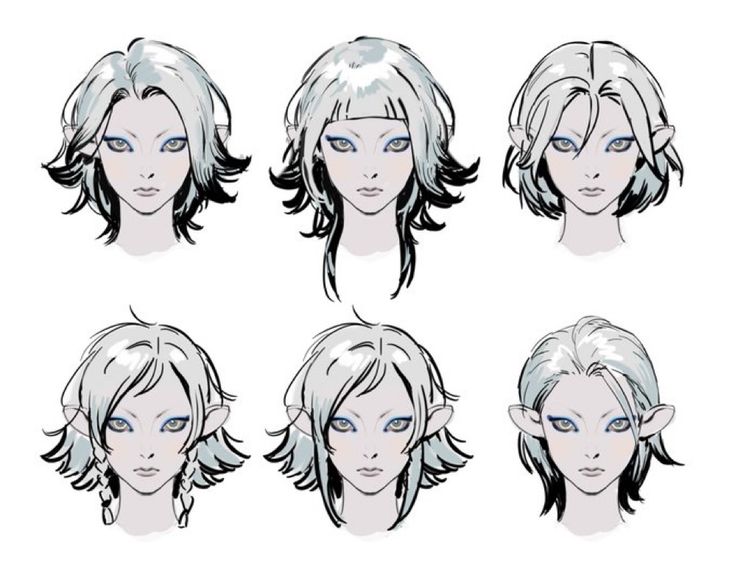 an animation character's head with different angles and hair styles, including blue eyes