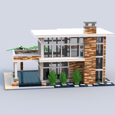 a house made out of lego blocks with plants growing on the front and side walls