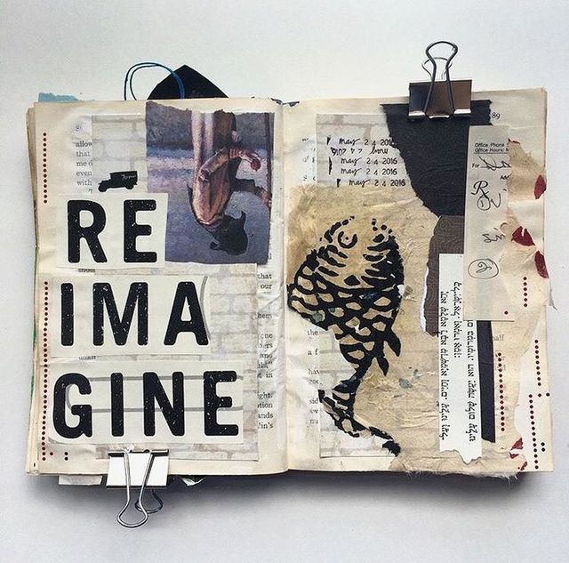 an altered book with words and pictures on the pages that read re ima gine