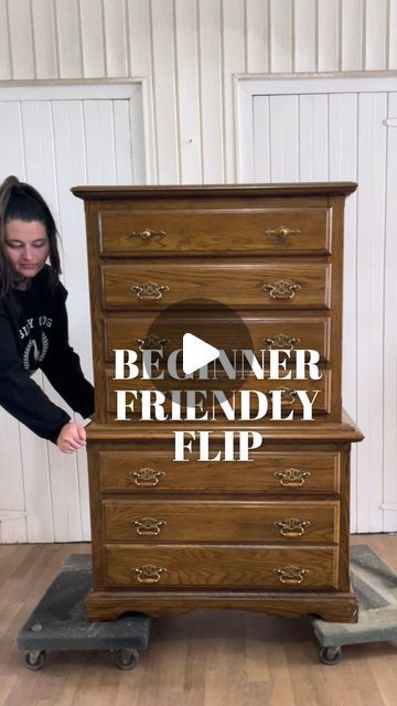 a woman standing next to a dresser with the words beginner friendly flip on it