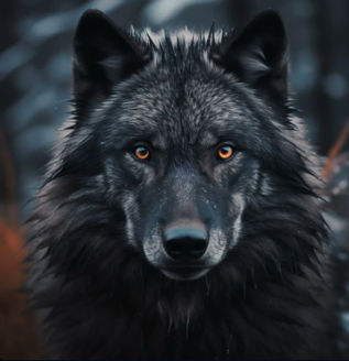 a black wolf with orange eyes standing in the woods