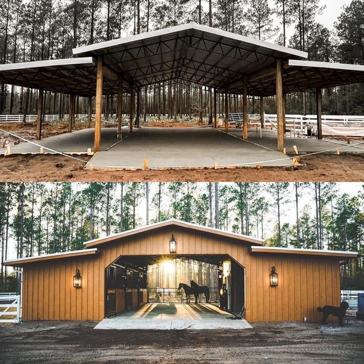 two pictures show the inside and outside of a barn