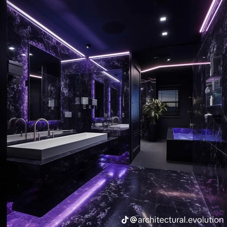 a bathroom with black marble and purple lighting