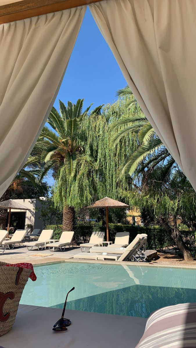 an outdoor pool with lounge chairs and palm trees