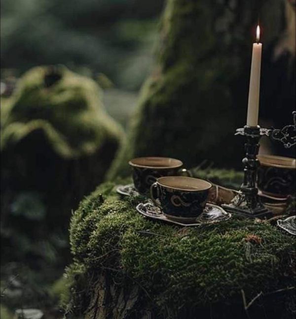 two teacups and a candle are sitting on a moss covered table in the woods