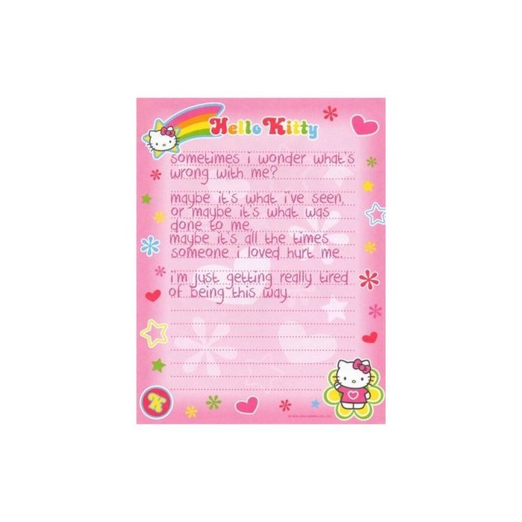 a pink hello kitty notepad with the words hello kitty on it and an image of a