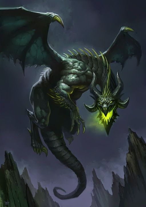 a black dragon with yellow eyes flying in the air over mountains and rocks at night