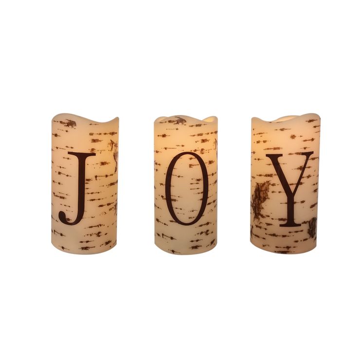 three votive candles with the word joy written on them in brown and white birch bark